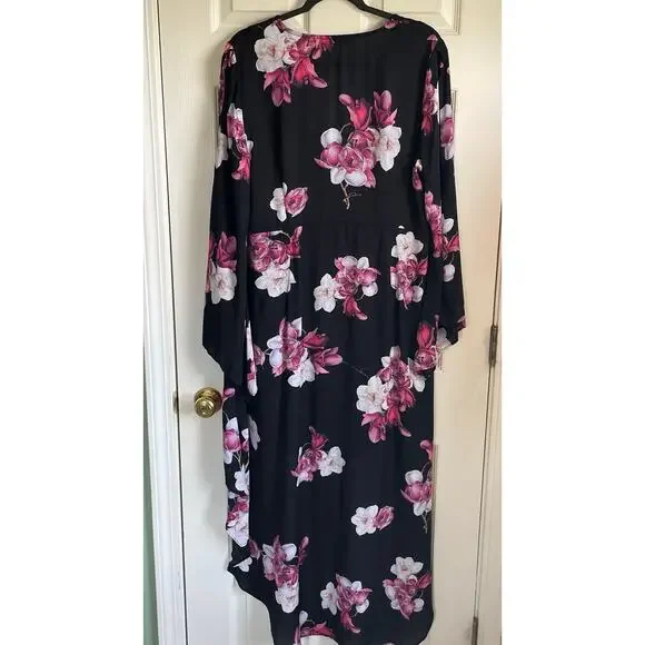 Venus Hi-Low Dress Sz 18 V-Neck Black Pink Floral Liner Bell Cut Out Sleeves - Picture 7 of 15